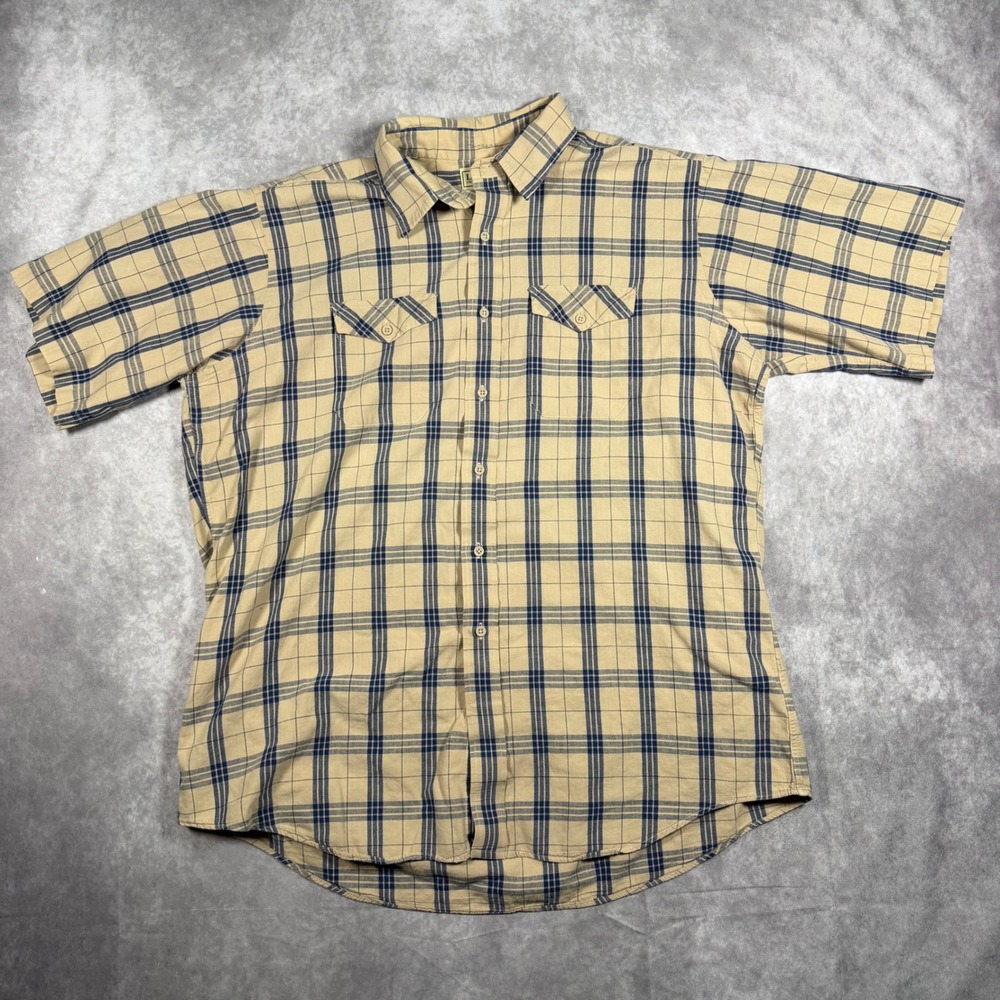 LL Bean Men XL Short Sleeve Button Down Shirt Tan Blue Plaid Dual Pocket Outdoor